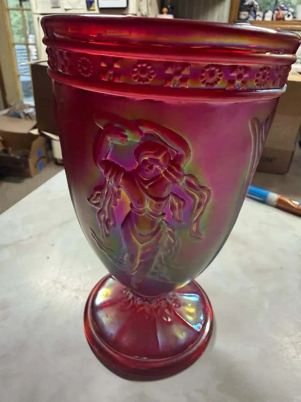 Fenton Ruby Red Carnival Glass Dancing Ladies Urn Vase